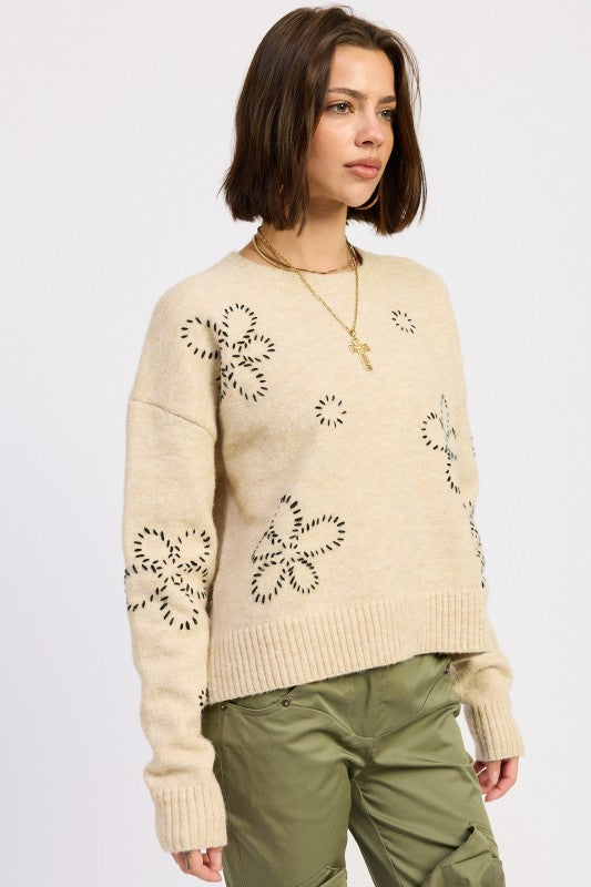 Women’s Floral Stitch Knit Pullover Whipstitch Flower Sweater | Zarnesh
