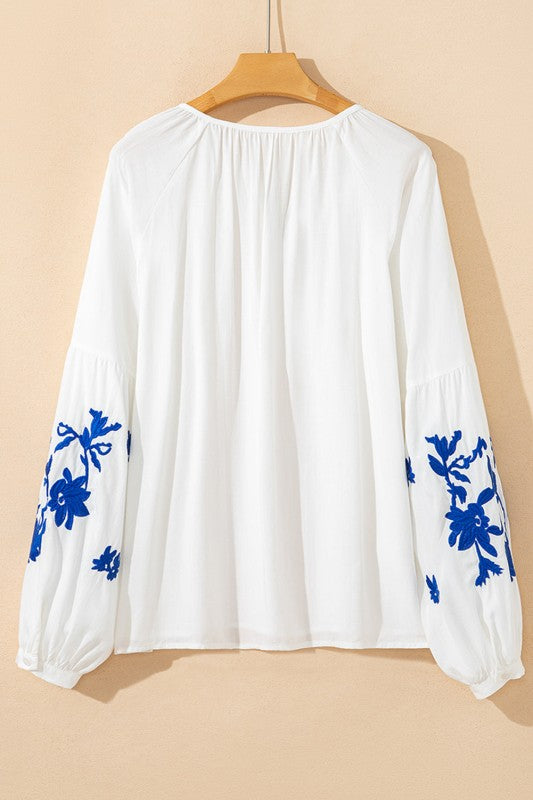 Women’s Floral V-Neck Embroidered Drawstring Blouse | Zarnesh