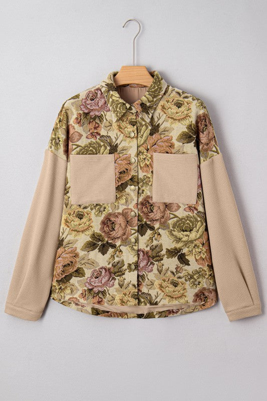 Women’s Floral Waffle Patchwork Chest Pocket Knit Buttoned jacket | Zarnesh