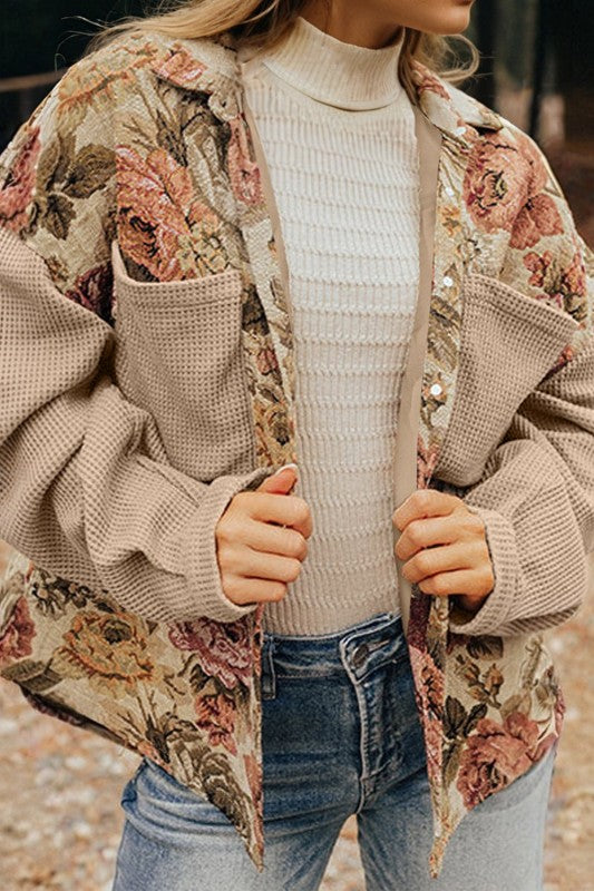 Women’s Floral Waffle Patchwork Chest Pocket Knit Buttoned jacket | Zarnesh