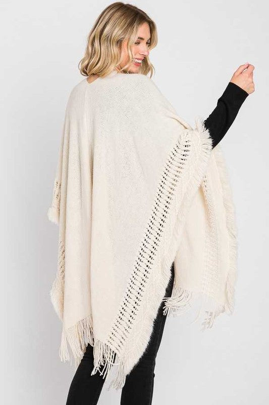 Women's Fringed Knit Poncho Cardigan Cozy Wrap Shawl | Zarnesh