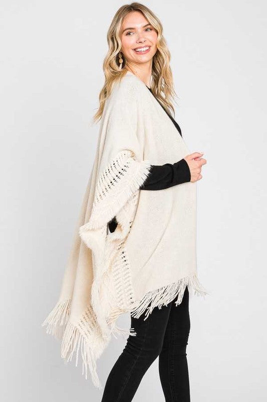 Women's Fringed Knit Poncho Cardigan Cozy Wrap Shawl | Zarnesh