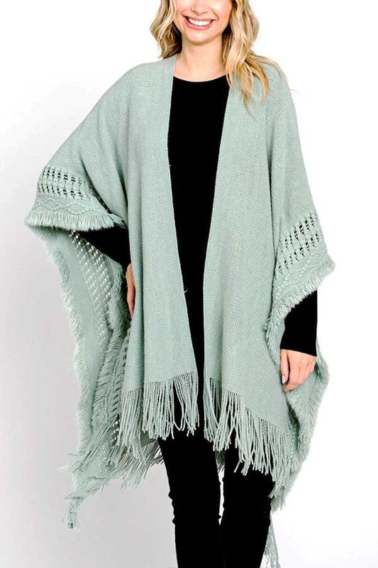 Women's Fringed Knit Poncho Cardigan Cozy Wrap Shawl | Zarnesh