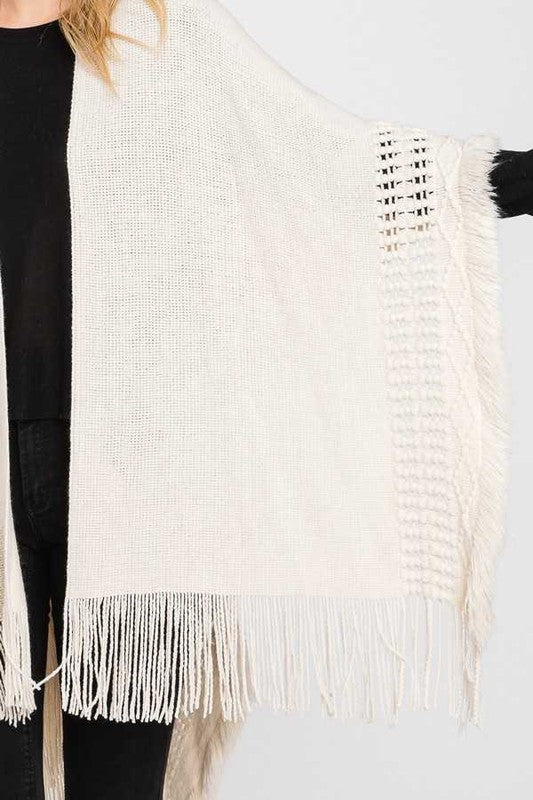 Women's Fringed Knit Poncho Cardigan Cozy Wrap Shawl | Zarnesh