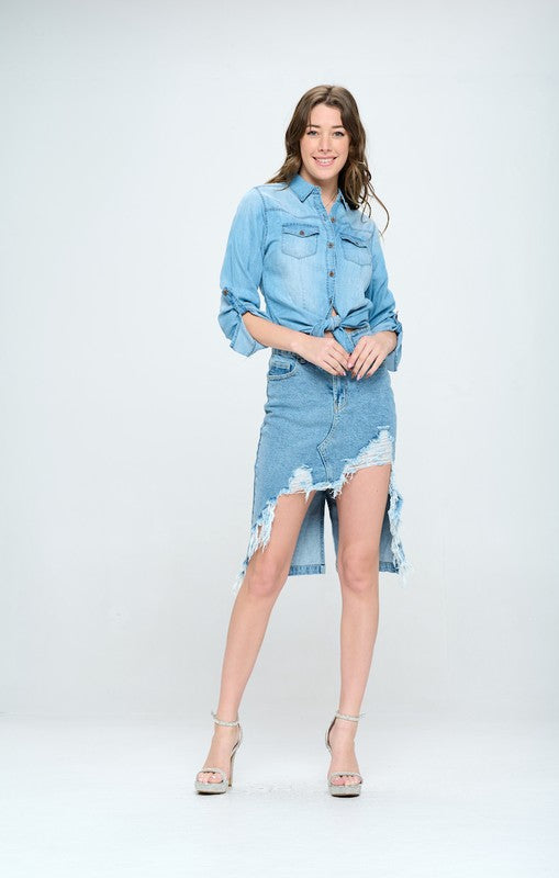 Women’s Front Destroyed High-Low Denim Skirt | Zarnesh