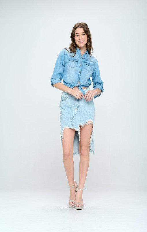 Women’s Front Destroyed High-Low Denim Skirt | Zarnesh