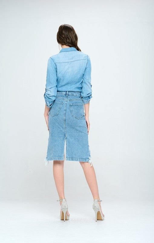 Women’s Front Destroyed High-Low Denim Skirt | Zarnesh