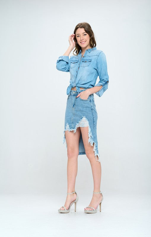 Women’s Front Destroyed High-Low Denim Skirt | Zarnesh