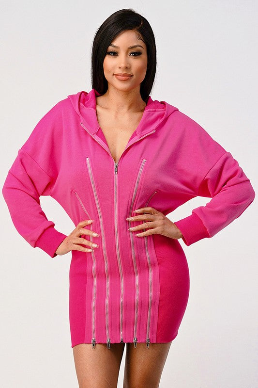 Women’s Front Zipper Detail Pink Hoodie Mini Dress | Zarnesh