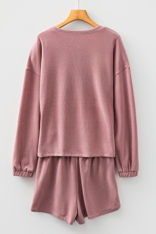 Women’s Solid Textured Knit Pullover Shorts Loungewear Set | Zarnesh