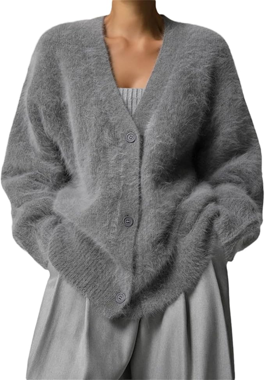 Women’s Fuzzy Solid V-Neck Mohair Knit Sweater Cardigan | Zarnesh