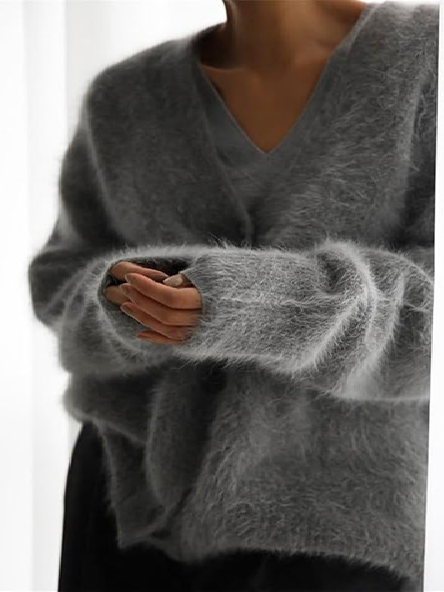 Women’s Fuzzy Solid V-Neck Mohair Knit Sweater Cardigan | Zarnesh