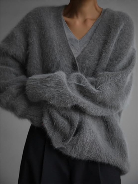 Women’s Fuzzy Solid V-Neck Mohair Knit Sweater Cardigan | Zarnesh