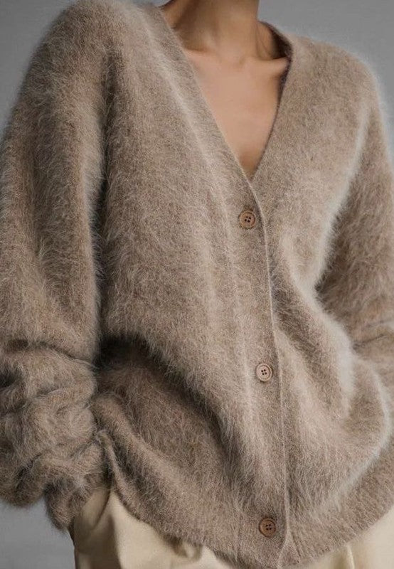 Women’s Fuzzy V-Neck Button-Down Cardigan | Zarnesh