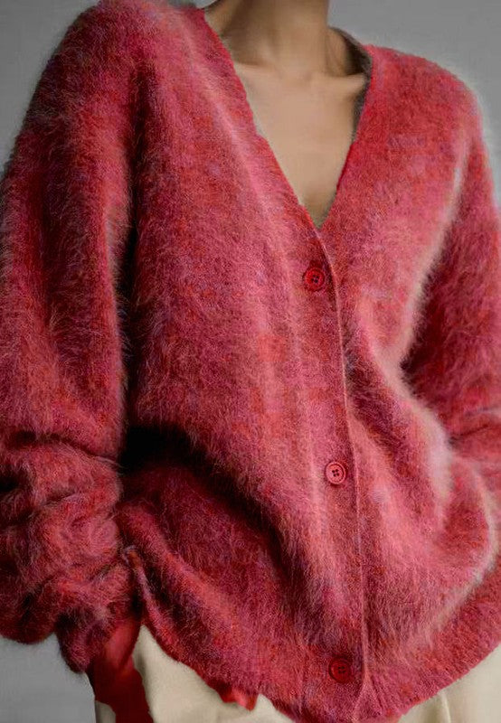Women’s Fuzzy V-Neck Button-Down Cardigan | Zarnesh