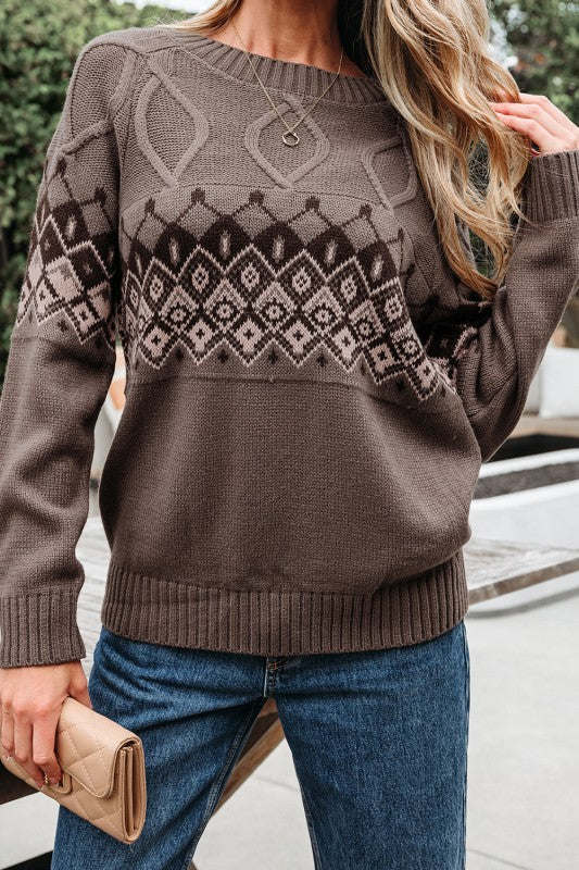 Women’s Geometric Knit Western Patterned Crew Neck Sweater | Zarnesh