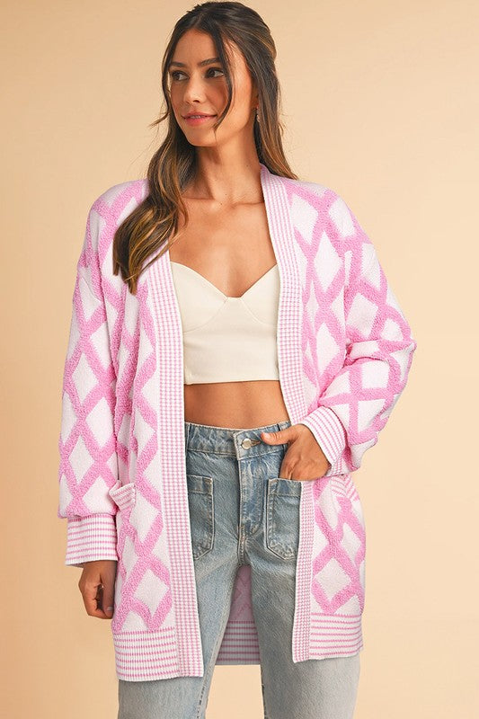 Women's Geometric Pattern Knit Open Front Pocketed Cardigans | Zarnesh