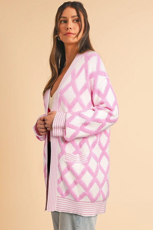 Women's Geometric Pattern Knit Open Front Pocketed Cardigans | Zarnesh
