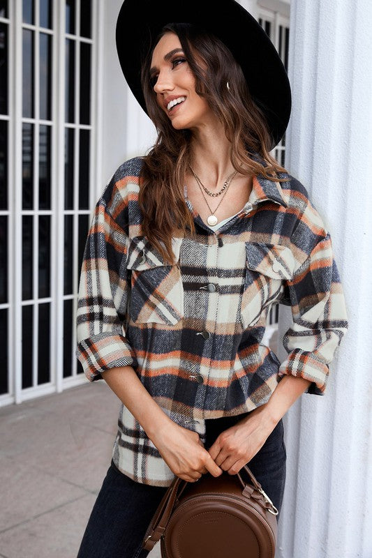 Women’s Geometric Plaid Button Down Shacket Shirt | Zarnesh
