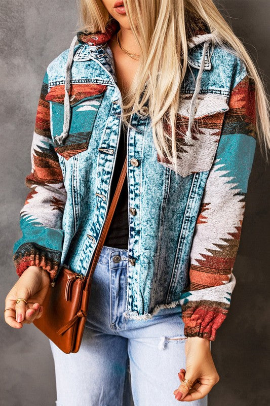 Women's Geometric Vintage Frayed Hem Denim Jacket | Zarnesh