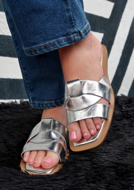 Women's Gia Slip On Metallic Square Toe Flat Sandals | Zarnesh 