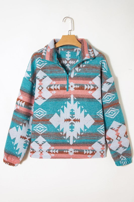 Women’s Aztec Print Elastic Cuffs Fleece Quarter-Zip Sweatshirt | Zarnesh