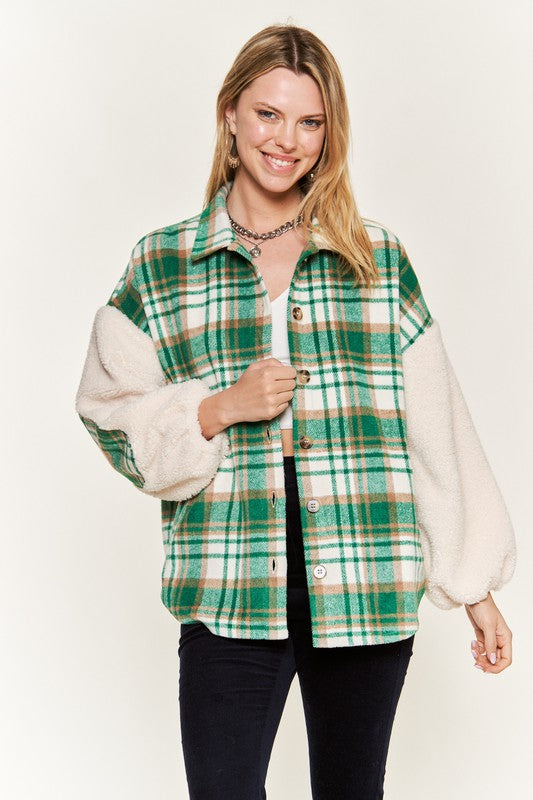 Women’s Multi Plaid Sherpa Fuzzy Sleeve Jacket | Zarnesh