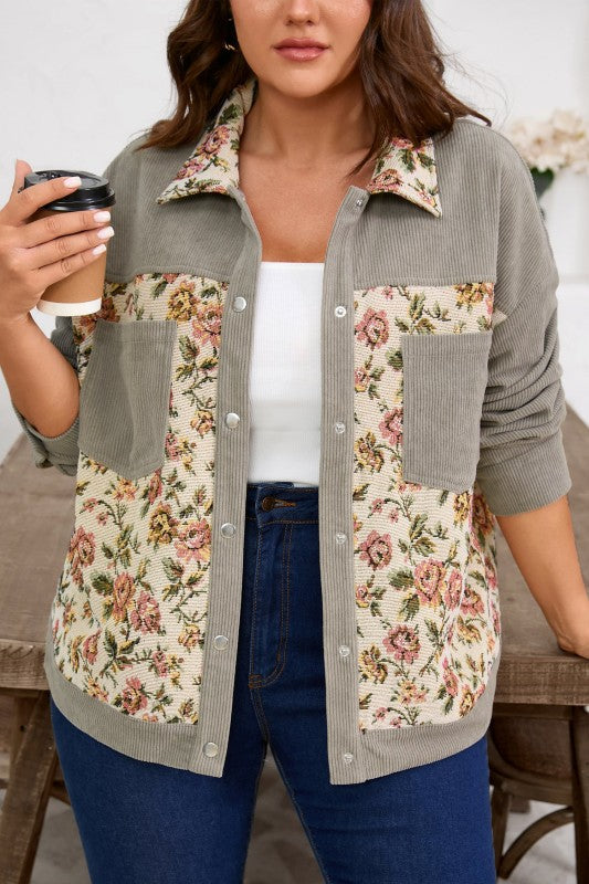 Women’s Plus Size Floral Corduroy Patchwork Shacket Jacket | Zarnesh