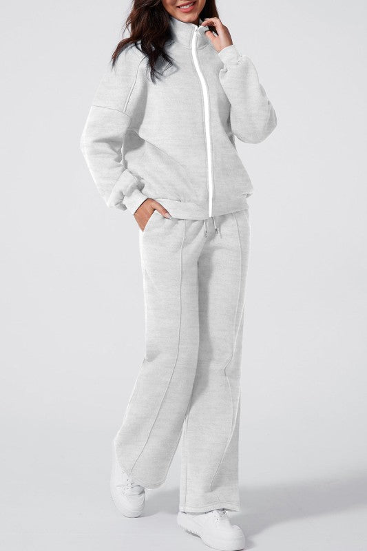Women’s Solid Drawstring Wide Leg Pants Set Zip Up Jacket | Zarnesh