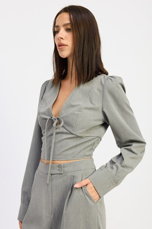Women’s V-Neck Tie Front Blouse Crop Top Long Sleeves | Zarnesh