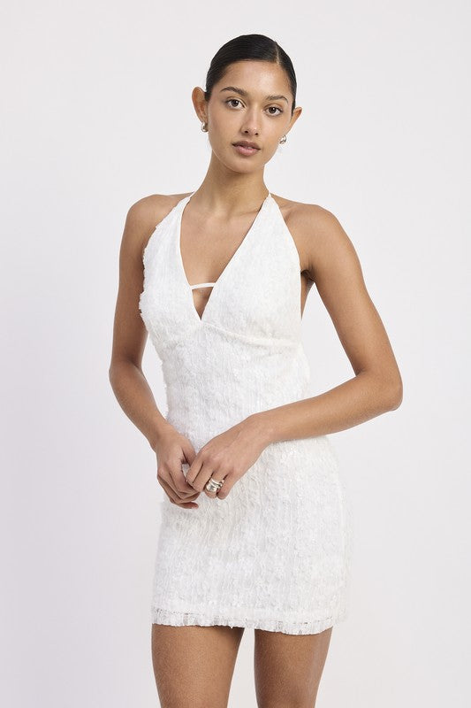 Women Halter Neck Deep V Cut Open Back Tie Mini Lace Dress Zarnesh