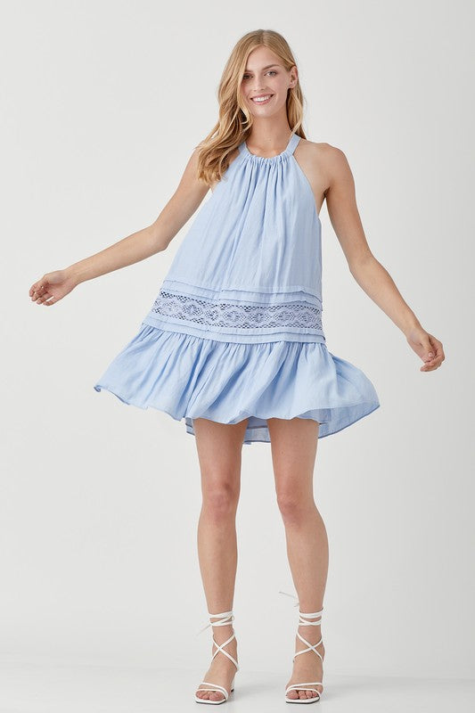 Women Pullover Halter Neck Trim Lace with Folded Detail Dress Zarnesh