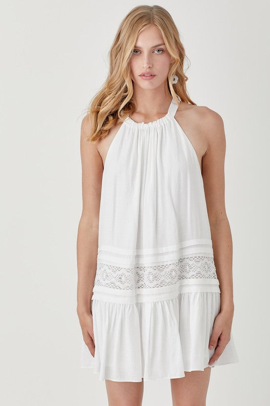 Women Pullover Halter Neck Trim Lace with Folded Detail Dress Zarnesh