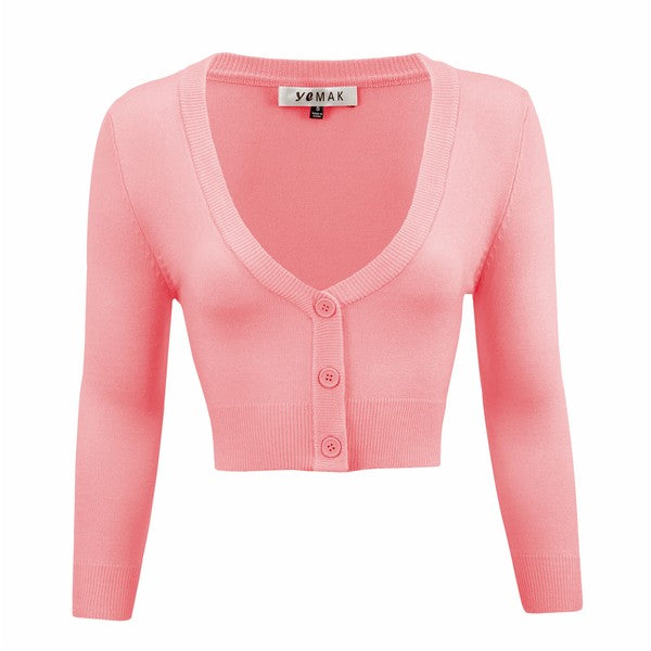 Women's High-Quality Spandex Knit&nbsp;Cropped Bolero 3/4 Sleeve Cardigan | Zarnesh

Embrace a stylish, vintage-inspired look with the&nbsp;Women's Cropped Bolero 3/4 Sleeve Cardigan. This lightweight, button-down cardigan features a flattering V-neck and 3/4 sleeves, perfect for layering over dresses, skirts, or tops. Its cropped fit hits just above the waist, adding a playful touch to any outfit. Made from a high-quality spandex knit, it offers both comfort and style, making it ideal for various occasions