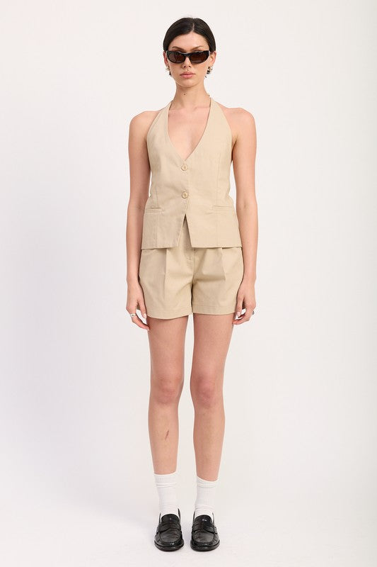 Women’s High Waisted Pleated Halter Vest Shorts Set | Zarnesh