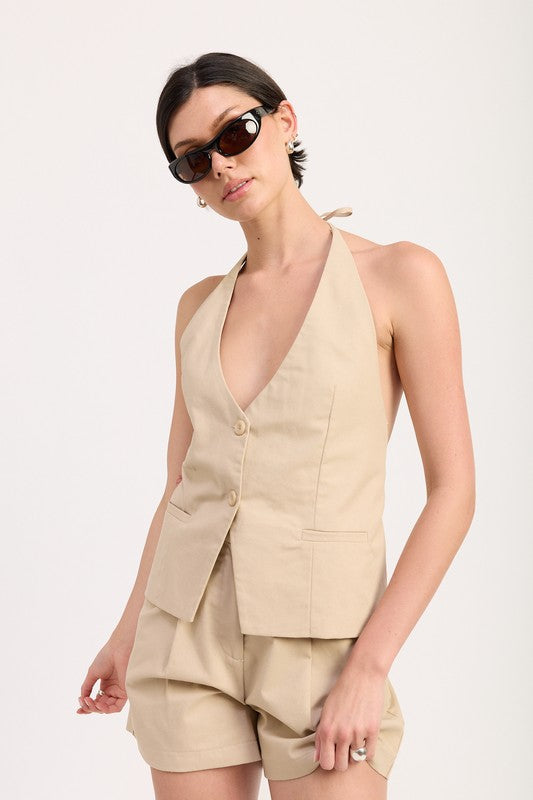 Women’s High Waisted Pleated Halter Vest Shorts Set | Zarnesh