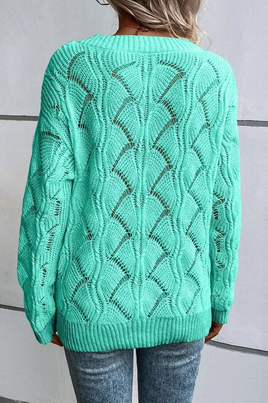 Women's Hollow Out Knit V Neck Drop Shoulder Sweater | Zarnesh