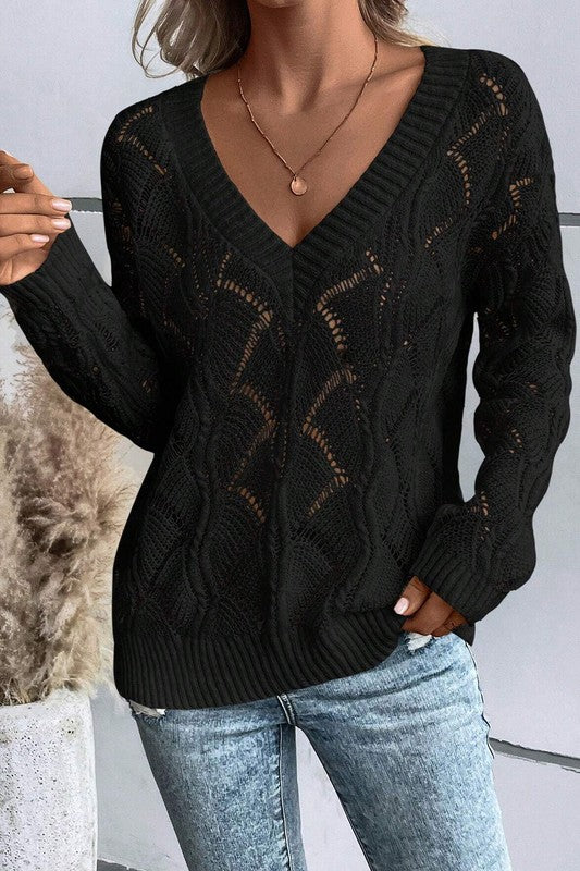 Women's Hollow Out Knit V Neck Drop Shoulder Sweater | Zarnesh