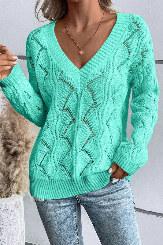 Women's Hollow Out Knit V Neck Drop Shoulder Sweater | Zarnesh