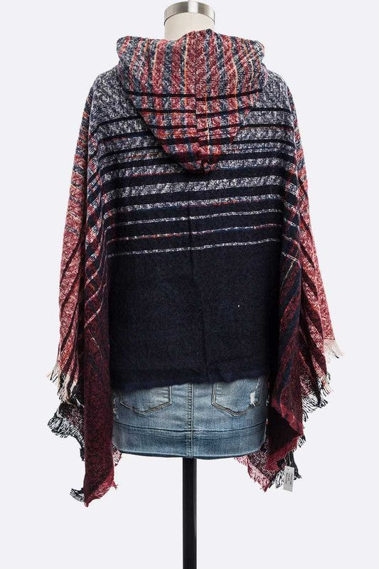 Women's Hooded Fringe Stripe Cloak Winter Poncho | Zarnesh