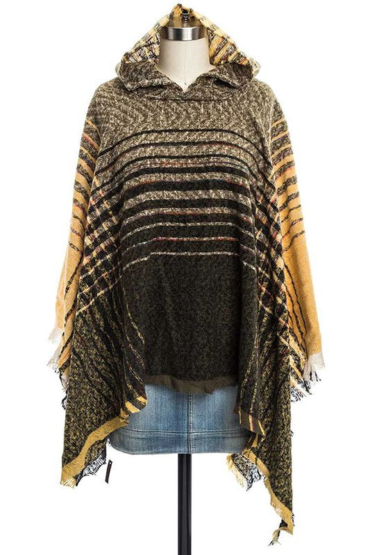 Women's Hooded Fringe Stripe Cloak Winter Poncho | Zarnesh