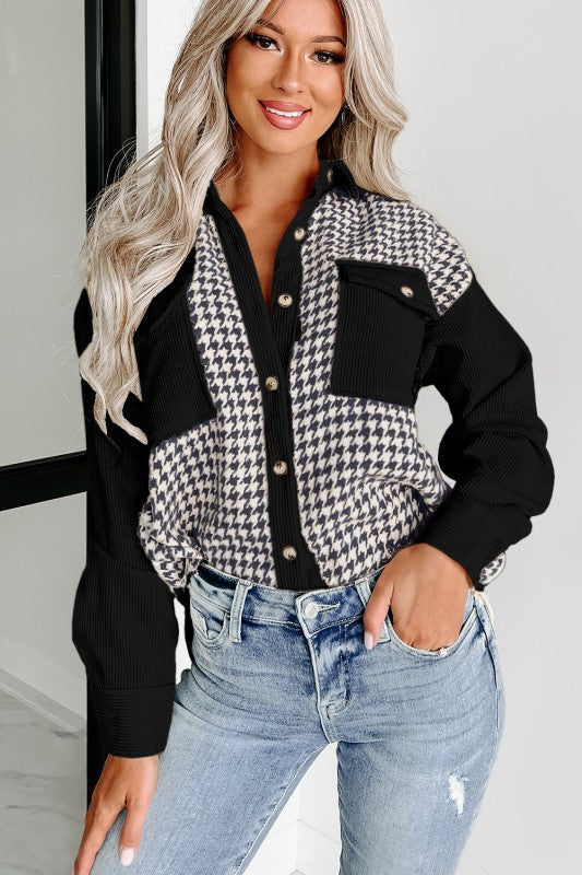 Women’s Houndstooth Patchwork Button Down Flap Pocket Jackets | Zarnesh