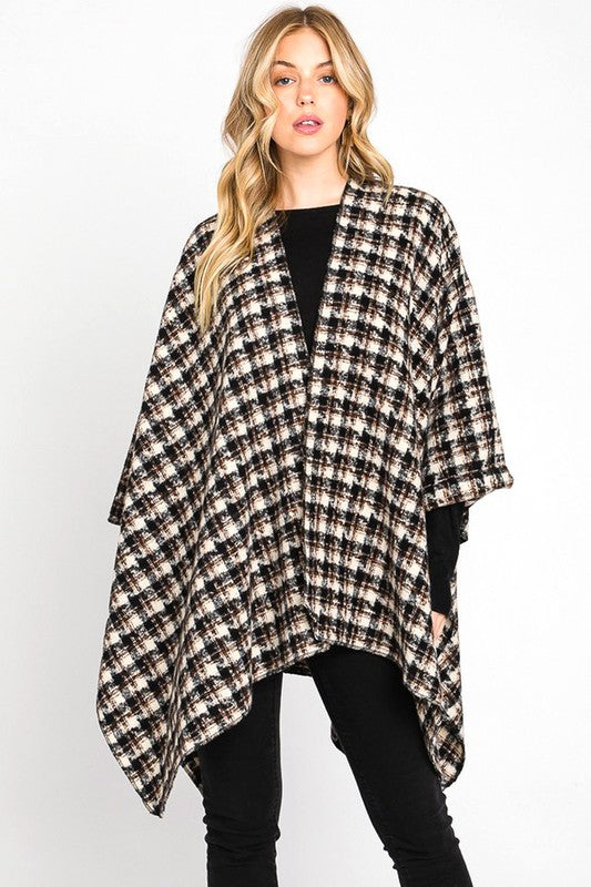 Women's Houndstooth Print Ruana Wrap Poncho Cardigan | Zarnesh