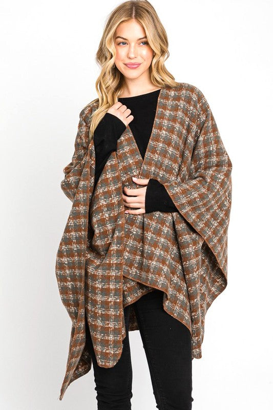 Women's Houndstooth Print Ruana Wrap Poncho Cardigan | Zarnesh