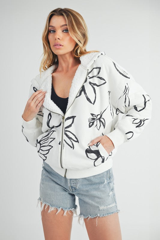 Women’s Oita Flower Print Zip Up Sherpa Hoodie Jacket | Zarnesh