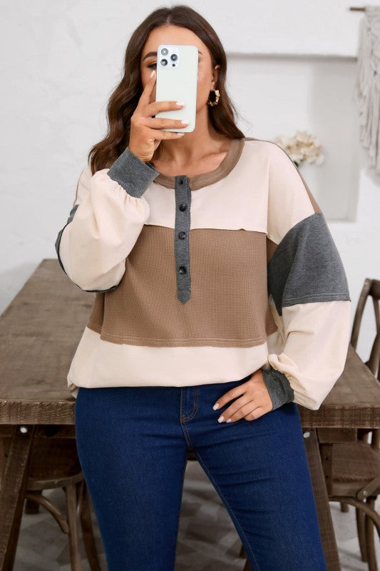 Women’s Plus Size Waffle Colorblock Henley Half-Button Top | Zarnesh