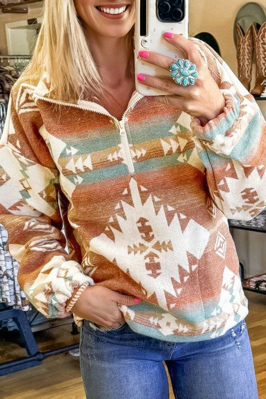 Women’s Aztec Print Elastic Cuffs Fleece Quarter-Zip Sweatshirt | Zarnesh