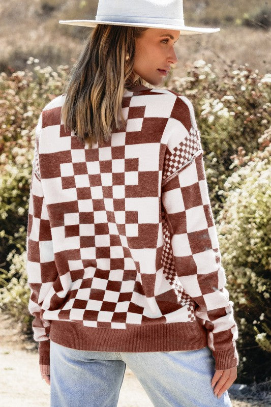 Women's Checker Round Neck Drop Shoulder Sweater | Zarnesh