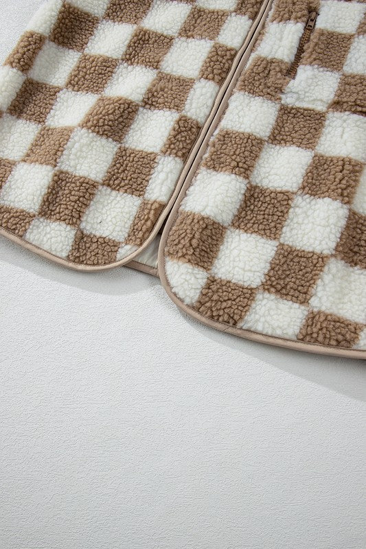 Women Checkered Sherpa Zipper Closure Collared Jacket Vest Zarnesh