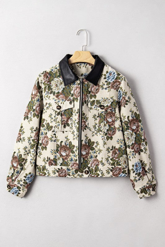 Women’s Floral Contrast Print Zip Up Tapestry Collared Jacket | Zarnesh